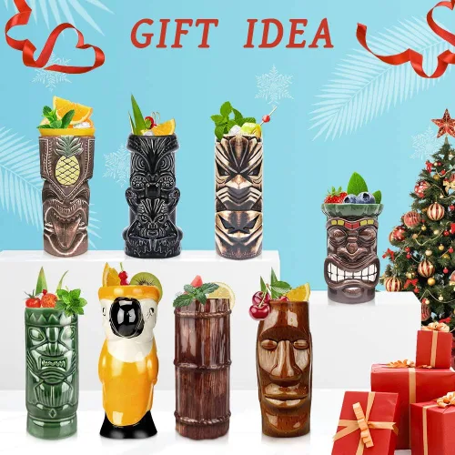 Miniatura 5 de LINALL Tiki Mugs - Juego de 8 tazas de cóctel de cerámica TIKI tazas hawaianas para fiesta hawaiana, vasos de cóctel exóticos hawaianos TKSET0080