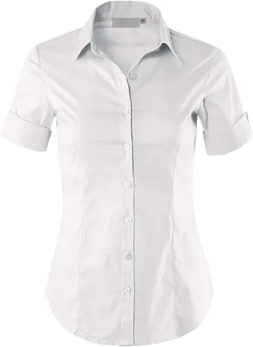 Blusa de manga corta elástica con cuello abotonado para oficina, formal, informal, para mujer, ajuste (XS-3XL)