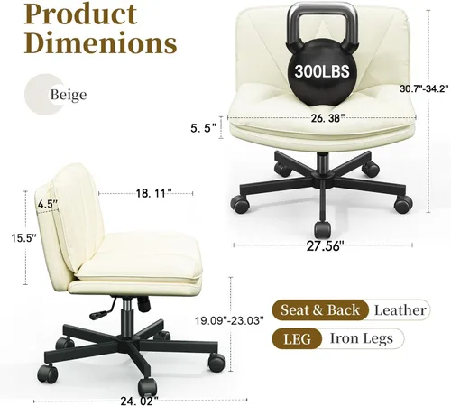 Miniatura 2 de DurayLoly Silla Criss Cross con Ruedas, Silla de Oficina con Patas Cruzadas con Cojín de 2 Capas, Asiento Ancho Cómodo, Cuero, Sin Brazos, Sillas