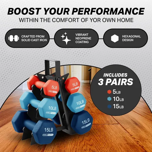 Miniatura 2 de HolaHatha Neoprene Dumbbell Weights Set w/Rack, Home Gym Equipment - Portable Weighted Exercise Dumbbells for Fitness, Training, and Lifting