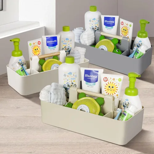 Miniatura 7 de Organizador de plástico para baby shower, organizador portátil de almacenamiento para niños/niños, cesta dividida con mango de madera para baño