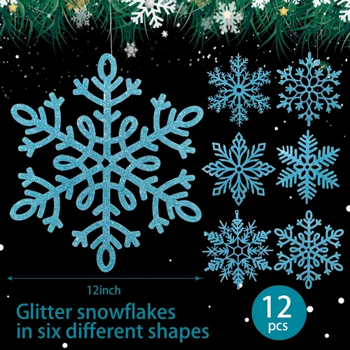 Miniatura 2 de Sratte Paquete de 12 adornos de copos de nieve grandes con purpurina de 12 pulgadas, decoración gigante de plástico para colgar en invierno