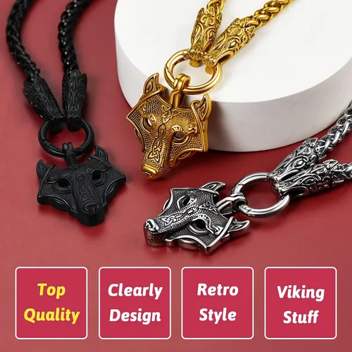 Miniatura 6 de FaithHeart Collar grueso de collar vikingo nórdico punk, de acero inoxidable, nudo celta, cabeza de lobo, amuleto, joyería de regalo