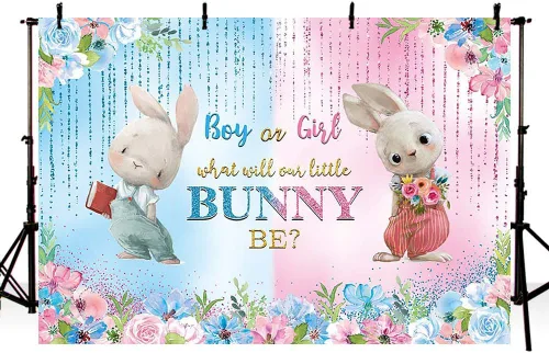 Miniatura 2 de MEHOFOND Telón de fondo de primavera de conejo de Pascua para revelación de género para niño o niña, con texto en inglés "What Will Our Little Bunny