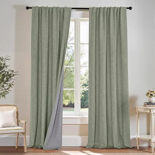 Miniatura 26 de PONY DANCE Cortinas de lino 100% opacas de 63 pulgadas de largo para dormitorio, sala de estar, oscurecimiento completo, bolsillo para barra