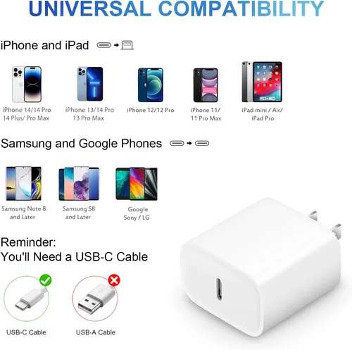 Miniatura 5 de Cargador de carga rápida para iPhone 14, 13, 12, 11, paquete de 3 cargadores de iPad de 20 W, cargador C de 6 pies, cable de carga rápida Whit Blanco