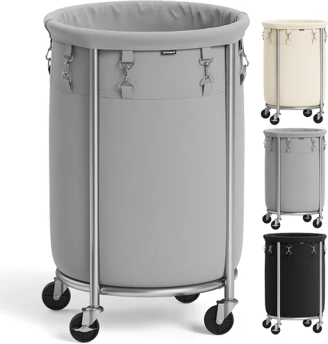 Miniatura 13 de Songmics – Cesta de lavandería de 29 galones (110 L) con ruedas, carrito rodante resistente redondo con marco de acero y bolsa extraíble, 2 ruedas