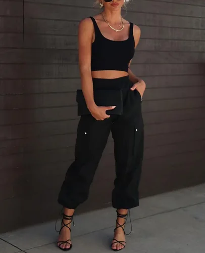 Miniatura 2 de Pantalones de paracaídas para mujer, cintura alta elástica, pantalones cargo Y2K holgados con 4 bolsillos