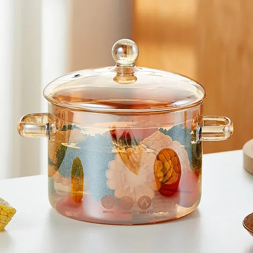 Miniatura 6 de Olla de vidrio transparente para estufa, sartén de doble asa con tapa para fideos de pasta, sopa, leche, preparación de alimentos para bebés o Ámbar