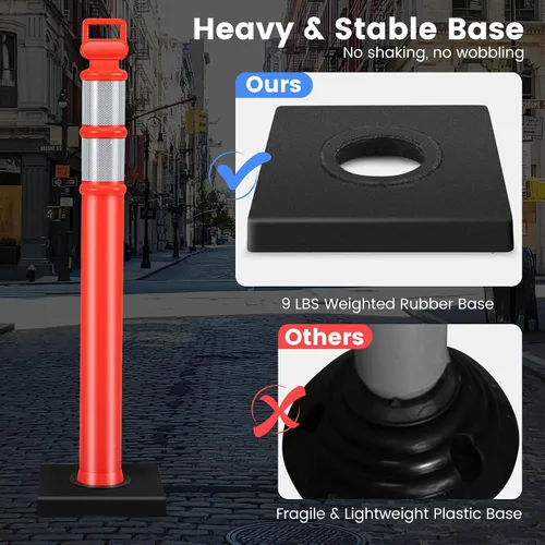 Miniatura 2 de Goplus Poste delineador con base, paquete de 3 postes de delineador de tráfico de 45 pulgadas con base de goma pesada de 9 libras, bandas