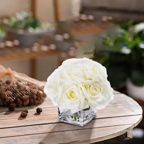 Miniatura 5 de ENOVA FLORAL Flores artificiales en jarrón, arreglos florales falsos en jarrón con agua sintética para bodas, mesa de comedor (crema)