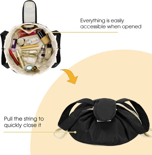 Miniatura 3 de Bolsa de maquillaje con cordón en forma de barril grande, bolsa de cosméticos, organizador de artículos de tocador para mujeres, A-Negro