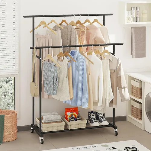 Miniatura 4 de Calmootey Perchero de ropa de doble varilla, organizador portátil para colgar ropa, organizador de ropa rodante para dormitorio, sala de estar, Negro