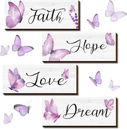 Gerrii 4 piezas de decoración de pared de fe, esperanza, amor, sueño, elegante, primavera, mariposa, madera, decoración para colgar en la Morado