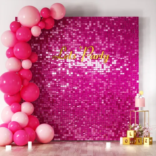Miniatura 32 de COKAOBE Telón de fondo de pared con brillo rosa intenso, 24 piezas de panel cuadrado de telón de fondo con lentejuelas brillantes, fondos 2-Rosa