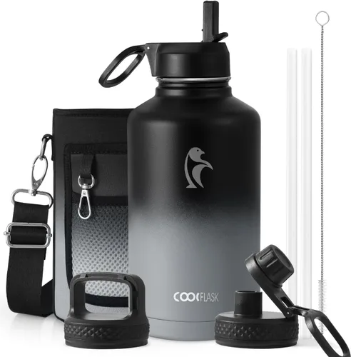 Miniatura 62 de Coolflask Botella de agua de 20 onzas aislada con pajilla, 3 tapas de metal de acero inoxidable, botella de agua de boca ancha para deportes u