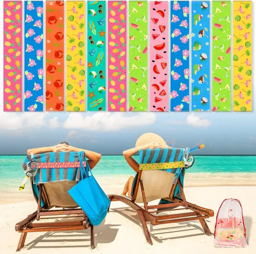 Miniatura 14 de Tessco Paquete de 12 toallas para sillas de playa, sillas de piscina y cruceros, elásticos, resistentes al viento, clips para toallas de playa