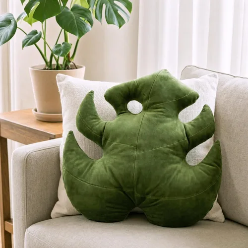 Miniatura 5 de Green Philosophy Co. Almohada de hojas de Monstera - Tierra Musgosa - Almohada de felpa grande y suave con forma de planta para sofá, cama o rincón