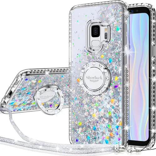 Silverback Funda para Galaxy S9, funda con purpurina holográfica líquida en movimiento con soporte, anillo de parachoques de diamantes de imitación,