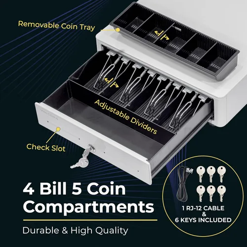 Miniatura 3 de Volcora Cajón de caja registradora para sistema de punto de venta (POS) con esquina redonda de 13 pulgadas, bandeja extraíble para monedas, 4 Blanco