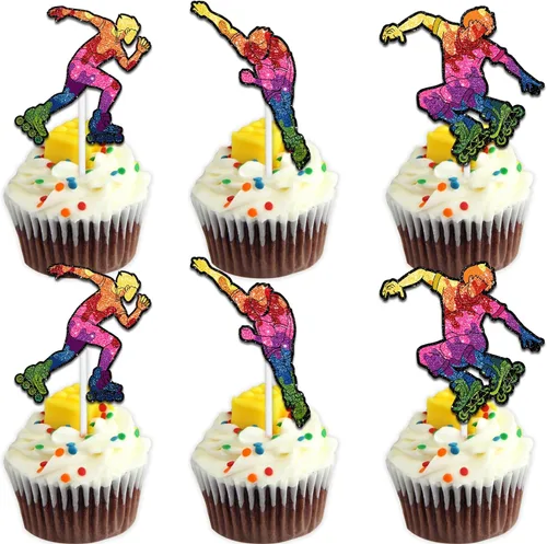 18 piezas de decoración de postre para cupcakes de postre con purpurina colorida para patines retro de los años 80 y 90, suministros de decoración