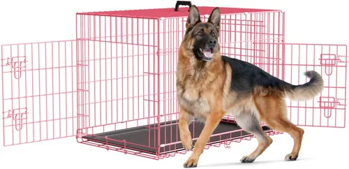 Miniatura 17 de Dopinmin Jaula grande para perros de 42 pulgadas, jaula de doble puerta para mascotas, jaula plegable de alambre de metal con panel divisor, bandeja