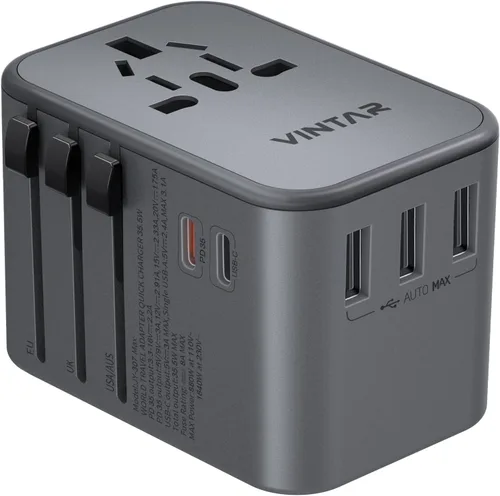 Miniatura 9 de VINTAR - Adaptador de viaje universal, adaptador de corriente internacional con 6A, 3 USB C y 2 puertos USB, adaptador de enchufe esencial de viaje