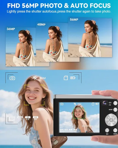 Miniatura 3 de Cámara digital, cámaras 5K 56MP para enfoque automático de fotografía, cámara compacta de vlogging con cámara frontal y trasera, zoom óptico 10X