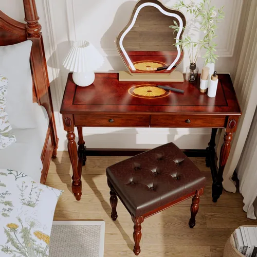Miniatura 6 de Escritorio de madera maciza para computadora con 2 cajones de almacenamiento, mesa de tocador tradicional, escritorio pequeño de oficina en casa
