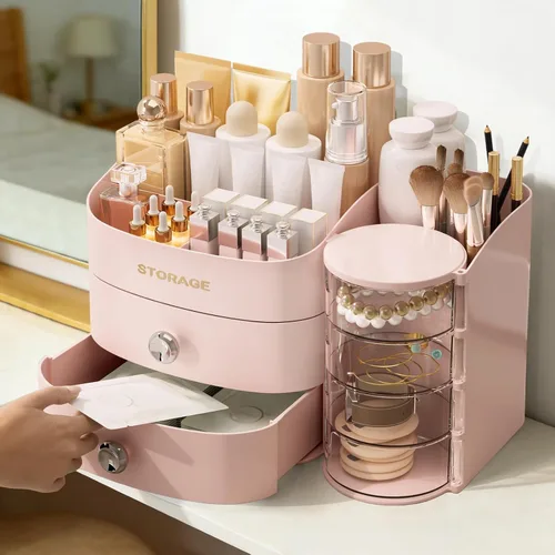 Miniatura 6 de XIAPIA Organizador de maquillaje para encimera, organizador de maquillaje para tocador, cuidado de la piel y organizadores de cosméticos con Rosa