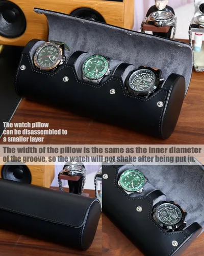 Miniatura 4 de Caja organizadora de relojes para hombre, rollo de viaje, portátil, 3 relojes, almacenamiento con secciones de terciopelo para sostener reloj grande