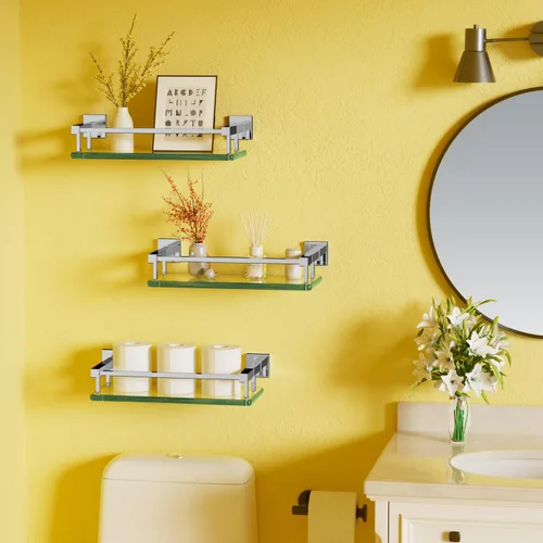 Miniatura 2 de Alise Estante de vidrio para baño con barandilla de acero inoxidable, cromado pulido, pequeño estante flotante de pared de vidrio templado sobre