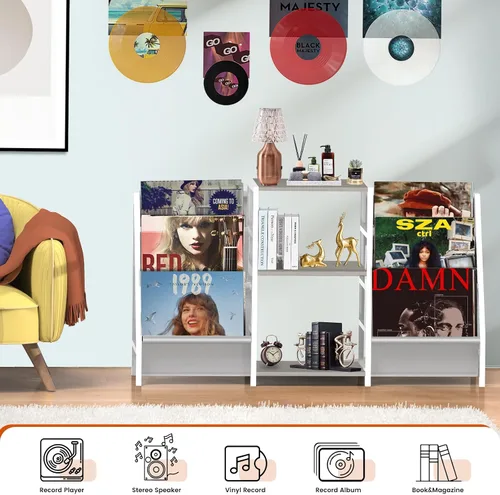 Miniatura 6 de Soporte para tocadiscos, almacenamiento de discos de vinilo con 6 niveles hasta 280 discos de CD, estante de exhibición para sala de estar, Blanco