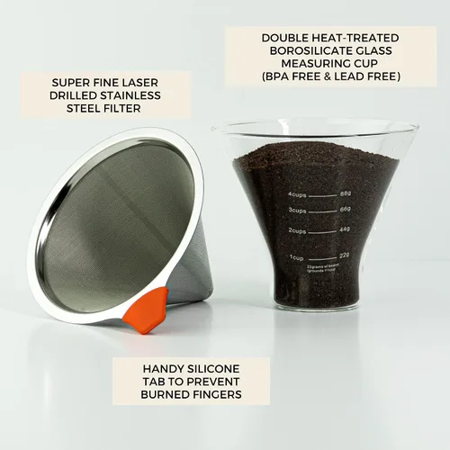 Miniatura 3 de Filtro de café reutilizable para verter sobre cafetera Filtro de malla de doble capa con soporte de vidrio Filtro de café de acero inoxidable