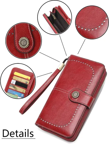 Miniatura 4 de Billetera de cuero para mujer, de gran capacidad, con cremallera, cartera con cremallera para mujer, 1-licor rojo, Moderno