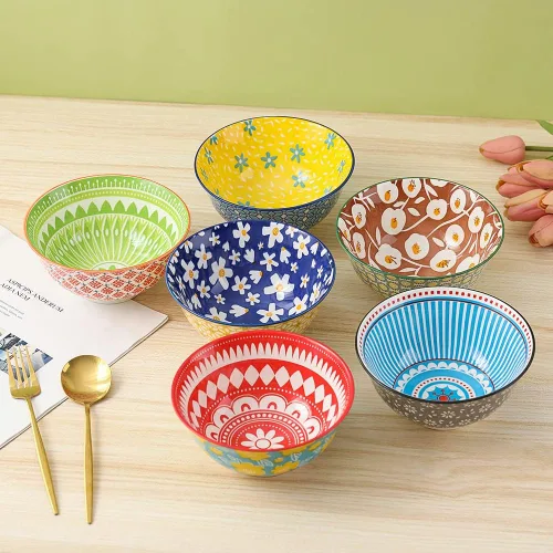 Miniatura 3 de Juego de Tazones de Porcelana para Sopa y Cereales - Tazones de Cerámica para Cocina de 23 oz - 6 Juegos de Tazones Coloridos con Patrones Lindos
