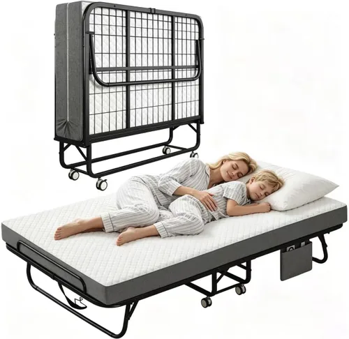 Miniatura 10 de Cama plegable con colchón para adultos, 75" x 31" cama rodante portátil tamaño catre, cama plegable de invitados con marco de metal con colchón