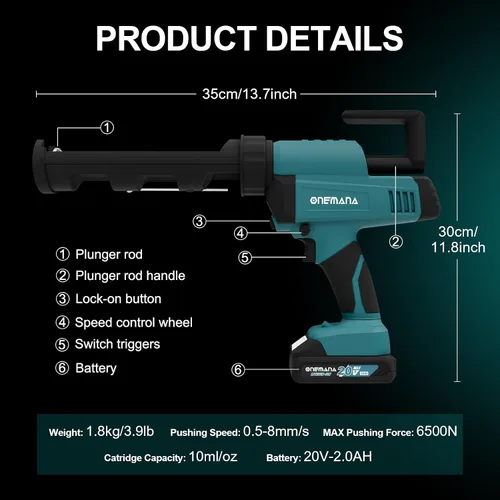 Miniatura 6 de Pistola de calafateo de 20 V de retracción automática sin goteo con LED 10.1 fl oz/10 onzas, herramienta de calafateo de silicona para llenado