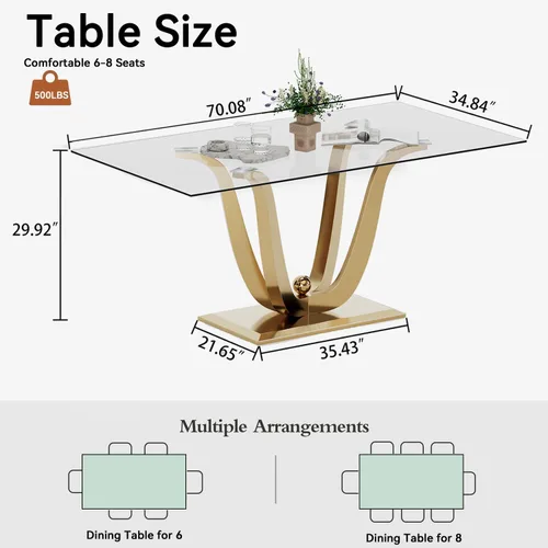 Miniatura 8 de Mesa de comedor moderna de vidrio de 70 pulgadas para 6-8, mesa de comedor de cristal dorado de lujo con base de acero inoxidable en forma de flores