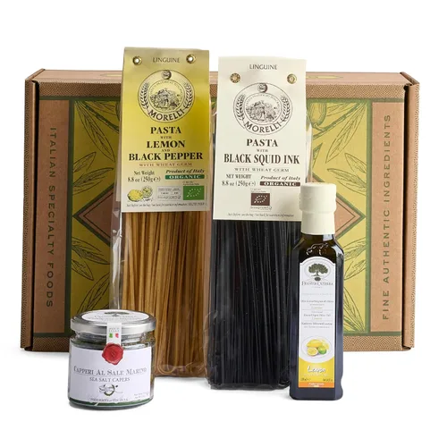 Mercato di Bellina Cesta de regalo italiana de 4 piezas con tinta de calamar orgánica y pasta orgánica de limón, pimienta y limón, aceite de oliva