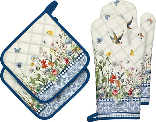 Miniatura 7 de Juego de 4 manoplas de horno y soportes para ollas de mármol de oro blanco, 100% algodón, resistentes al calor, guantes de horno extralargos