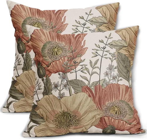 Juego de 2 fundas de almohada vintage de 18 x 18 pulgadas, color marrón óxido, patrón botánico floral, fundas decorativas de lino para exteriores,