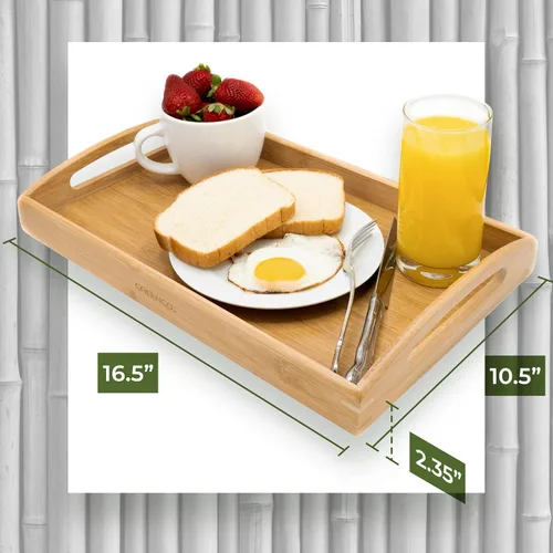 Miniatura 5 de Greenco Bandeja rectangular de bambú para servir mayordomo con asas, bandejas de cama para comer, bandeja de cama, bandeja de desayuno