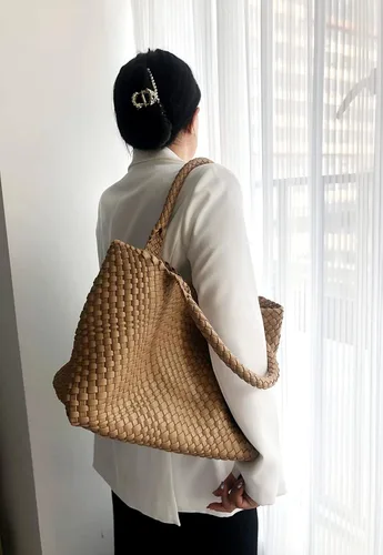 Miniatura 8 de Vipost Bolsa de mano tejida para mujer, bolsa de playa grande de cuero vegano con bolso, bolso de viaje con asa superior, bolsas de hombro tejidas
