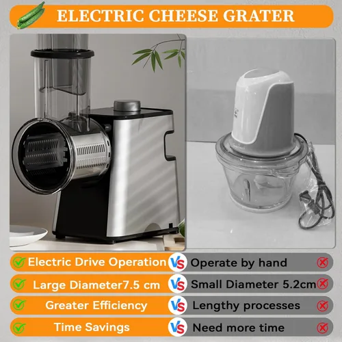Miniatura 4 de Rallador de queso eléctrico 7 en 1, rallador de queso de 300 W para queso de bloque con 14 cuchillas, pelador y cepillo en Y, triturador automático