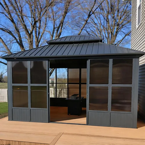 Miniatura 13 de PURPLE LEAF Glorieta de 6' X 8' con techo rígido para parrilla de patio, glorieta de barbacoa de aluminio con toldo, 24 bombillas LED transparentes