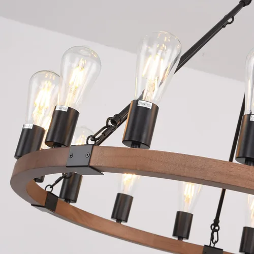 Miniatura 5 de Candelabro de Rueda de Vagón de Madera de 15 Luces, Candelabro de Granja Rústico Vintage con Bombillas E26, 32" Candelabro Industrial