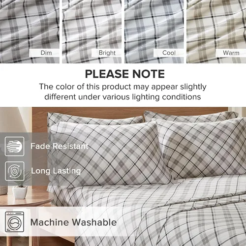 Miniatura 8 de Comfort Spaces - Juego de cama de franela de algodón cálido y transpirable con sábanas de bolsillo profundo y fundas de almohada, tamaño King, gris