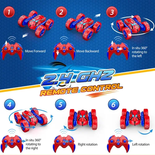 Miniatura 3 de Excitobo auto de control remoto, juguetes de autos RC 4WD de doble cara con rotación de 360° para niños de 3 a 12 años, 2.4GHz eléctrico recargable