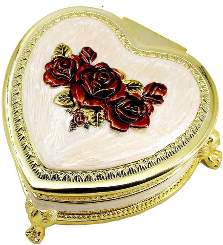 Miniatura 9 de ROSIKING Caja de música de aleación de metal en relieve en forma de corazón azul, caja musical antigua para joyería con cuerda, regalos